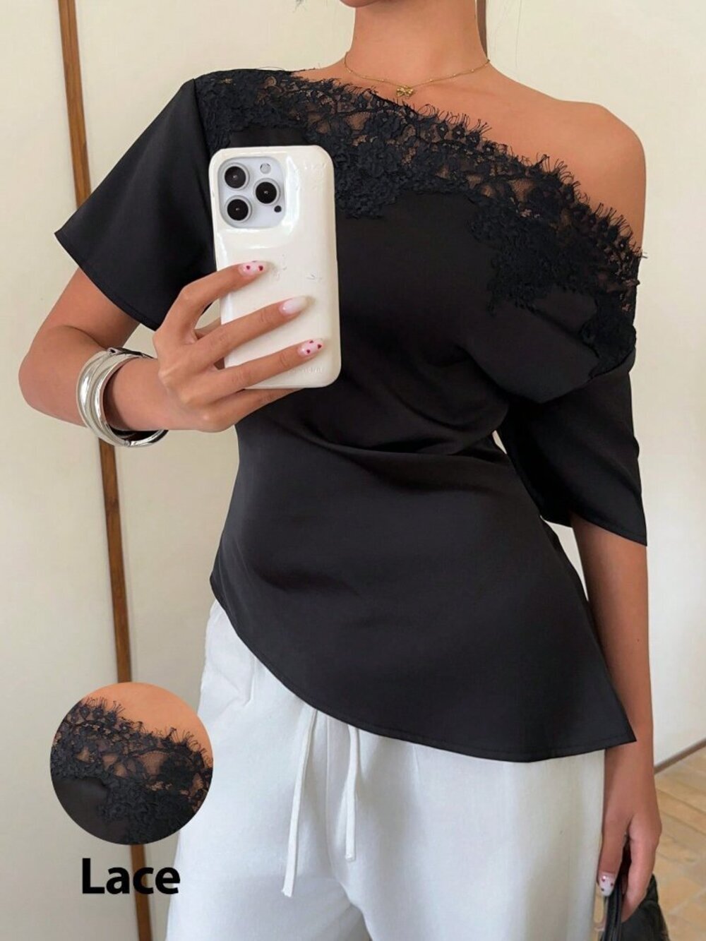 Black Elegant Women's Satin Asymmetrical Shoulder Neckline Top with Lace Trim